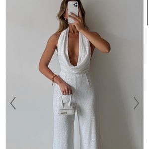 NWT showpo. JULIEN JUMPSUIT - BACKLESS WIDE LEG COWL NECK SEQUIN JUMPSUIT